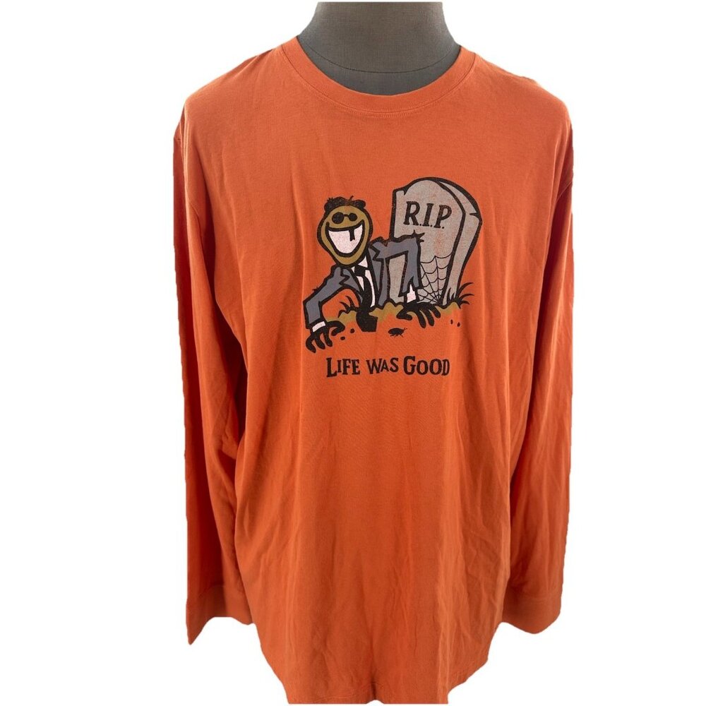 Life is Good Crusher Tee Halloween Life Was Good Orange Headstone RIP XXL